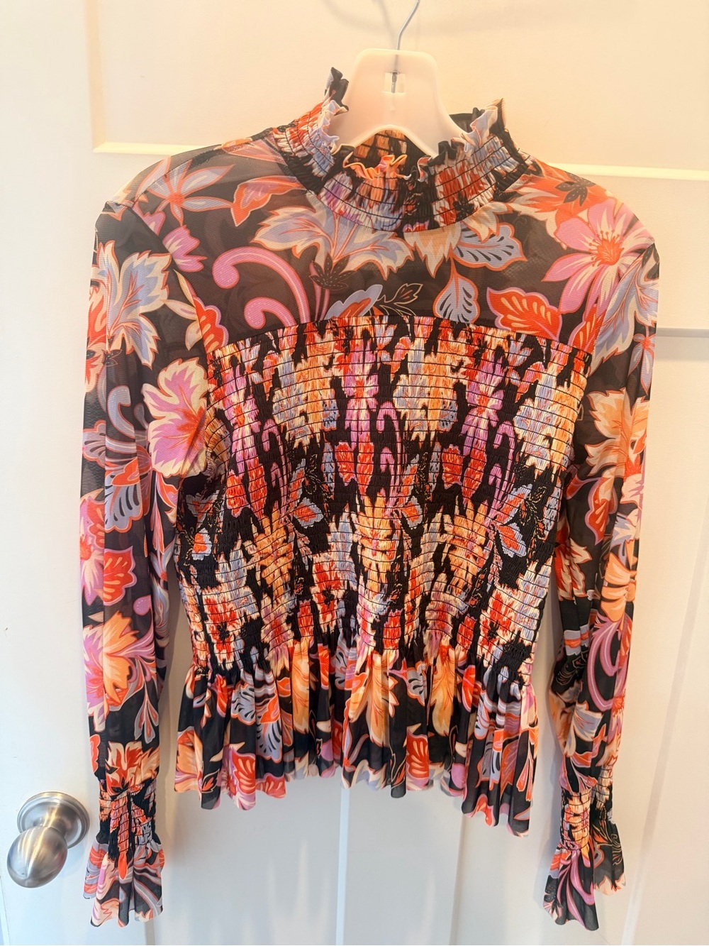 Chelsea & Violet Large Floral Smocked Peplum Blouse Mock Neck Long Sleeve Top